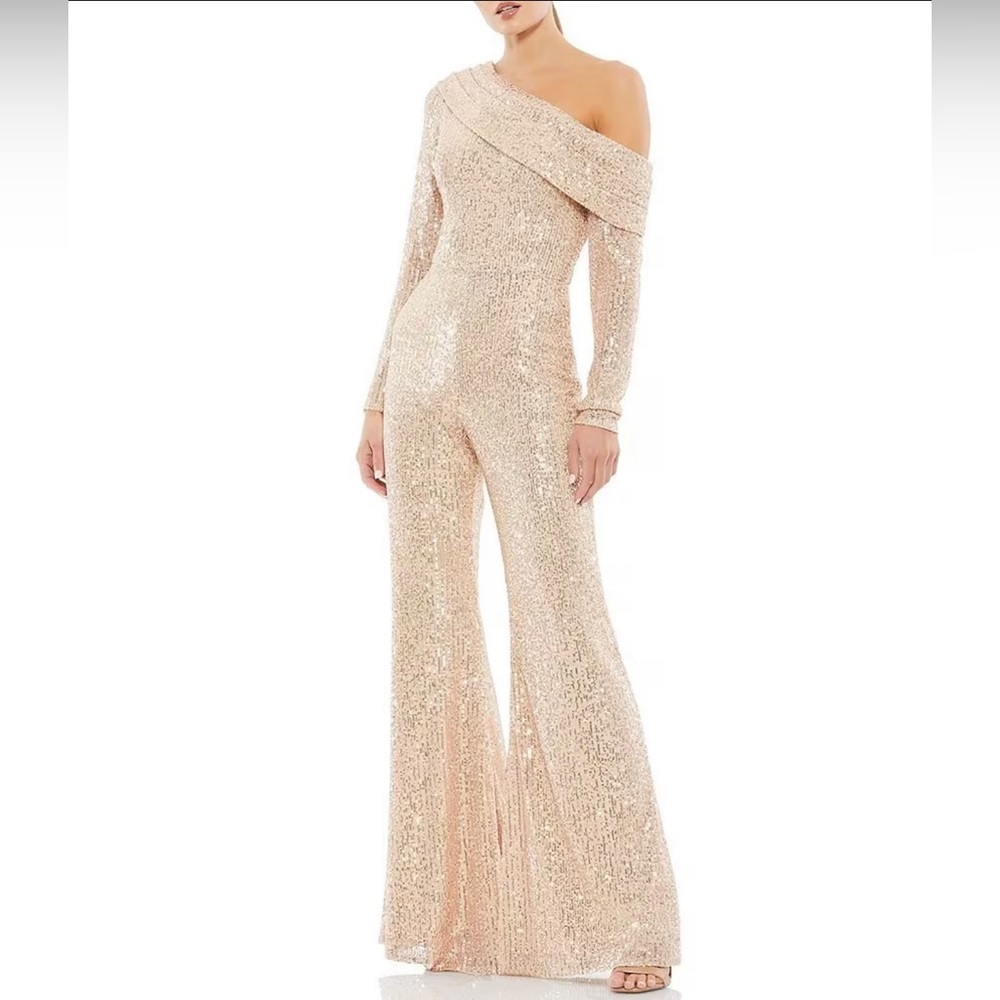 Sequin One-Shoulder Long Sleeve Jumpsuit Mac Duggal Designer
